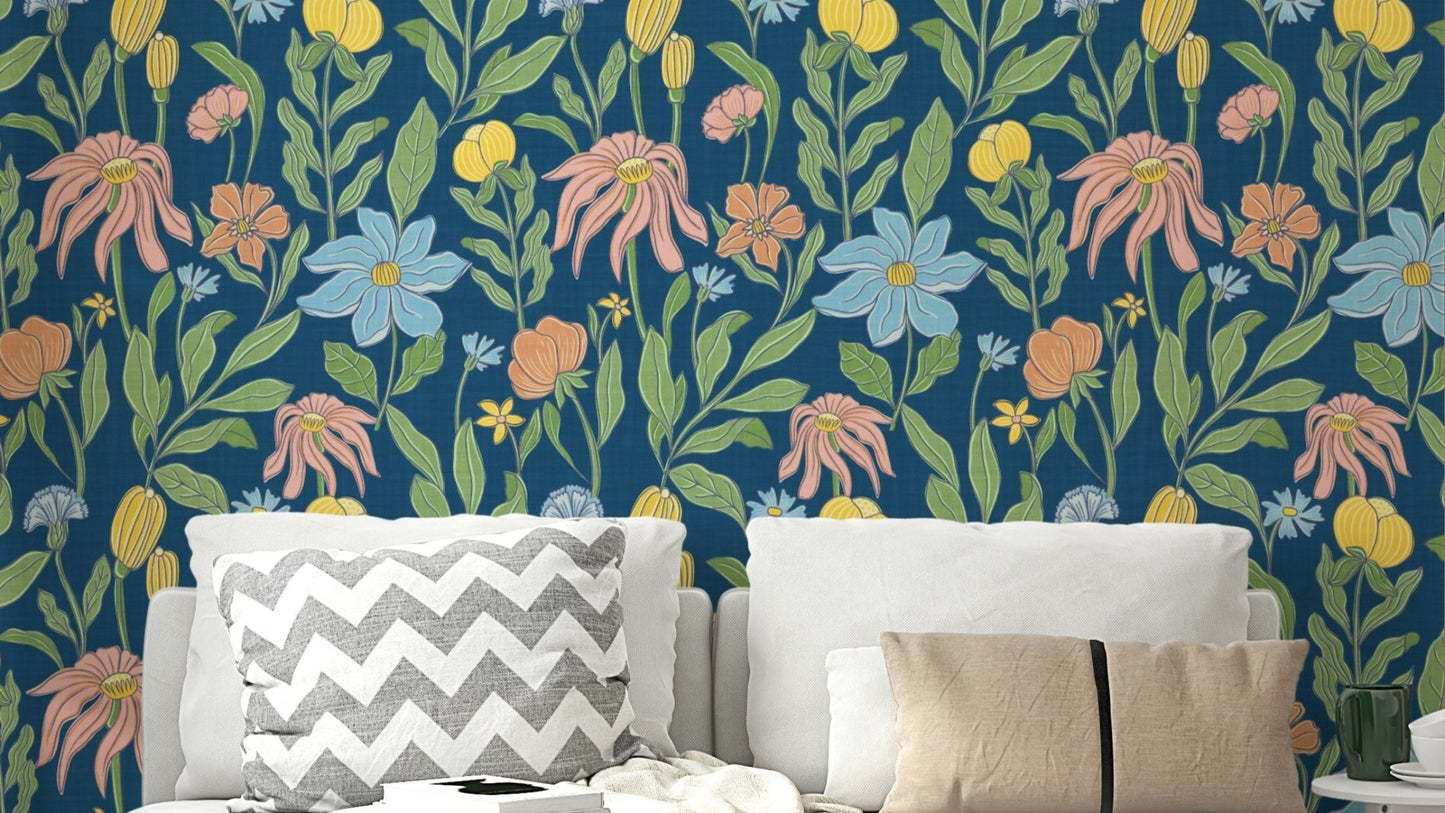 The image shows a repeating pattern of classic flowers and leaves.

