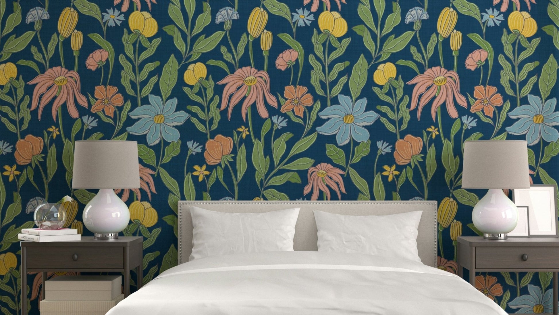 A wallpaper design with a vintage floral pattern.

