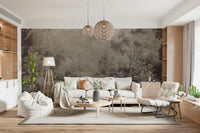 Baroque Aubergine wallpaper, misty enchanting Old Garden architecture.