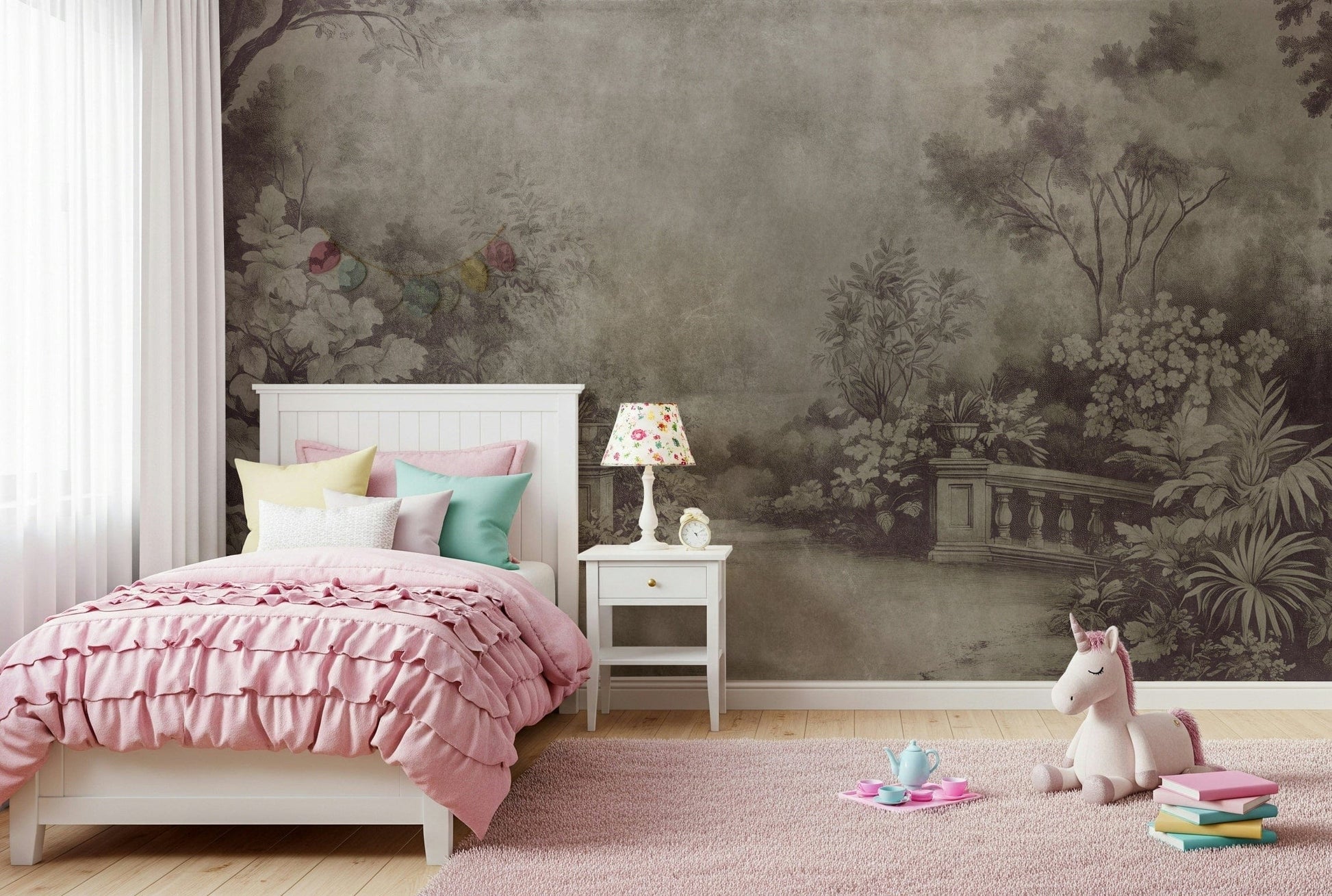 Grayscale English Garden mural, historical charming vines and planters.
