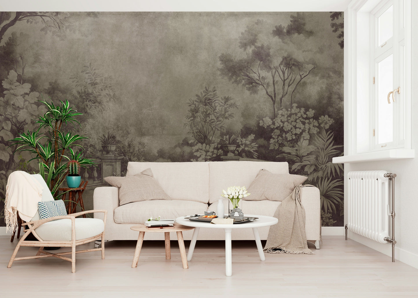 Aubergine Fresco wallpaper with an elegant romantic garden terrace scene.