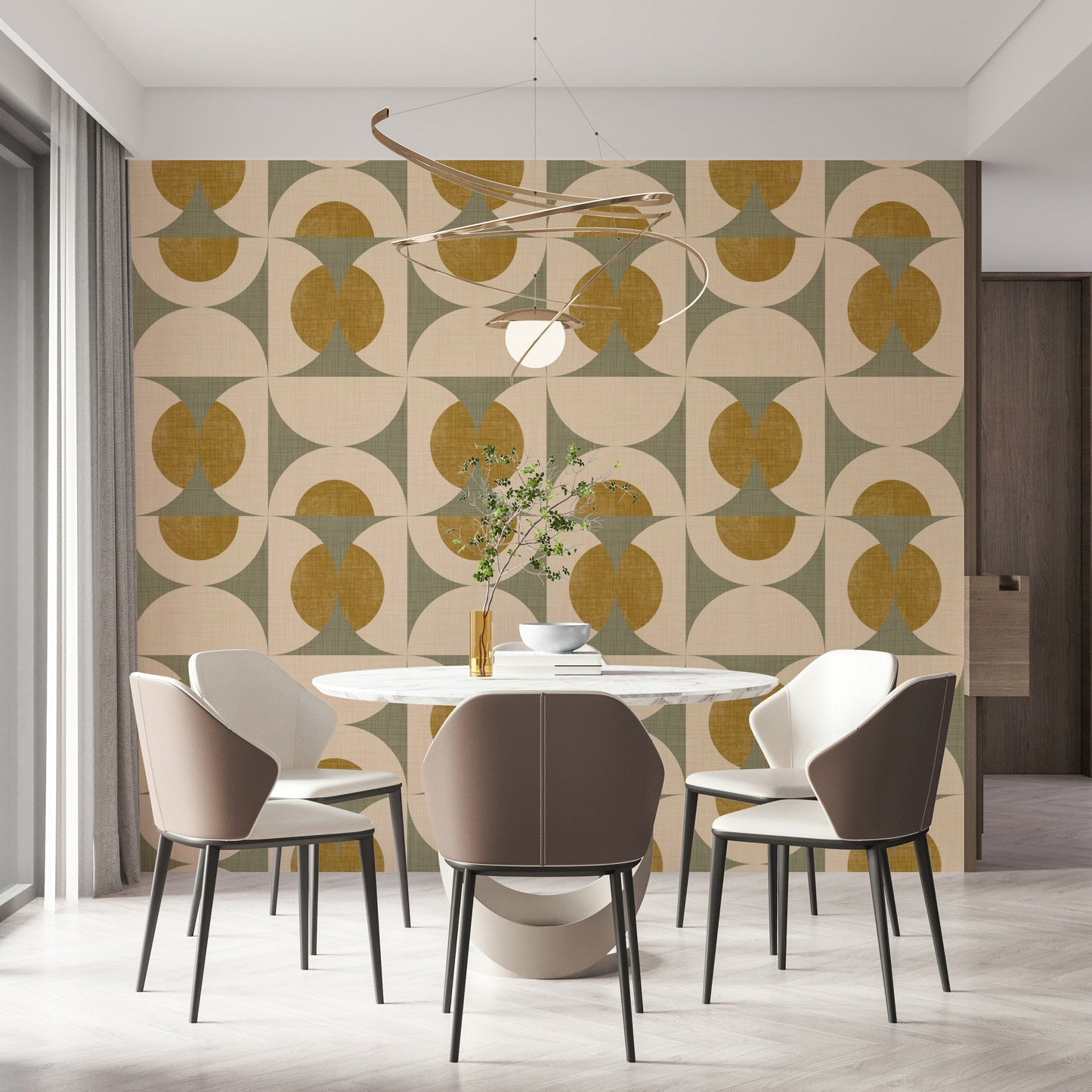 Geometric wallpaper with symmetrical arcs and circles in soft green, cream, and mustard shades.