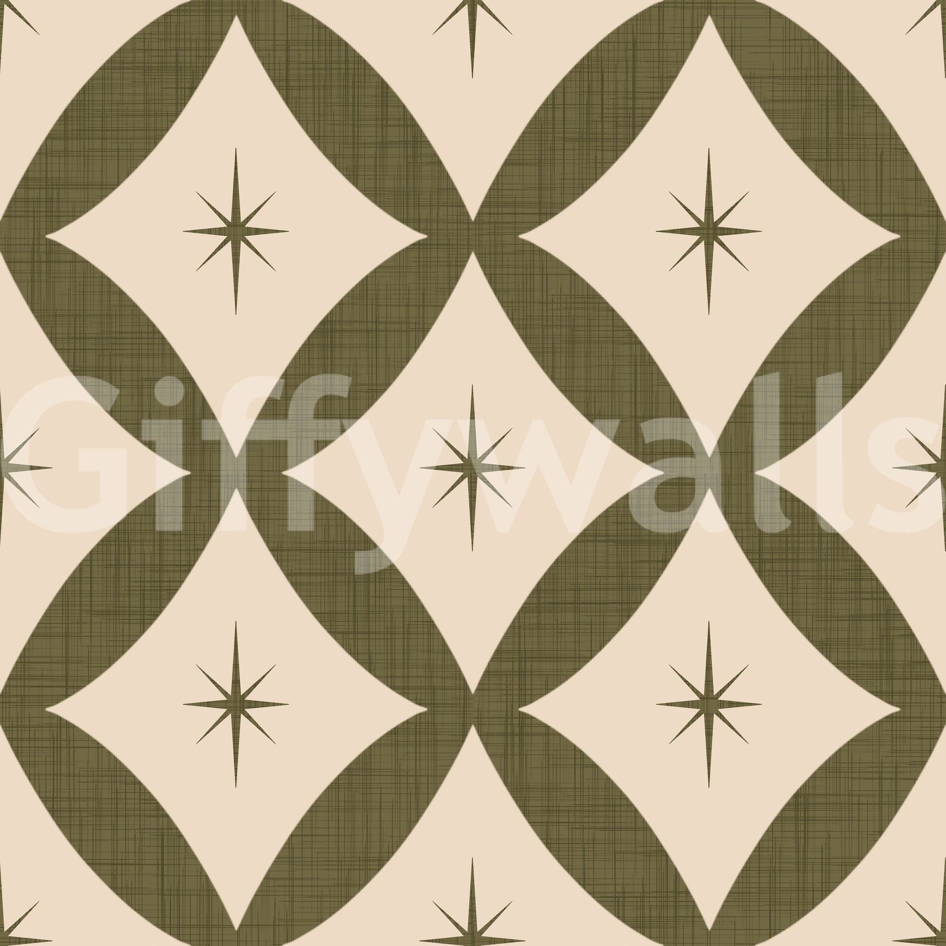 Chic mid-century wallpaper combining diamond patterns with small decorative stars.