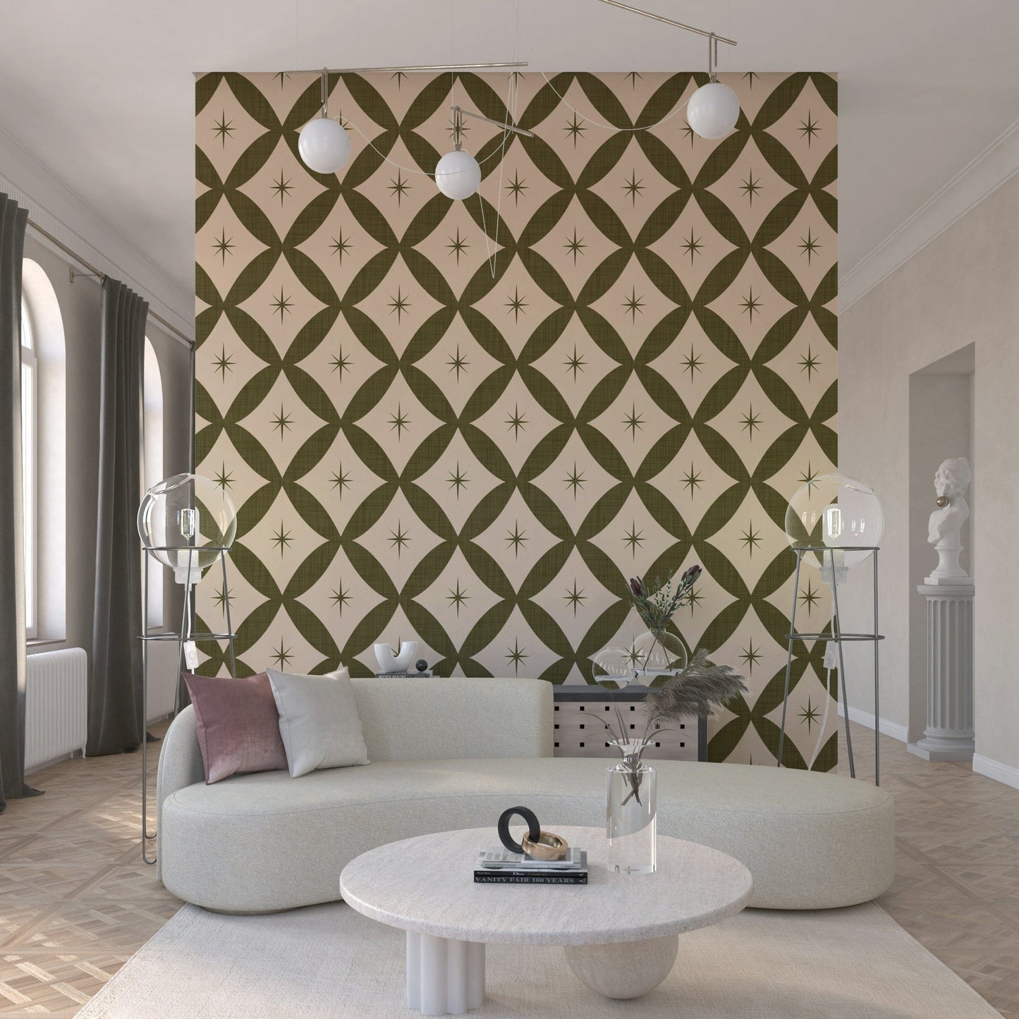 Elegant retro wallpaper with olive green geometric shapes and subtle starburst embellishments.