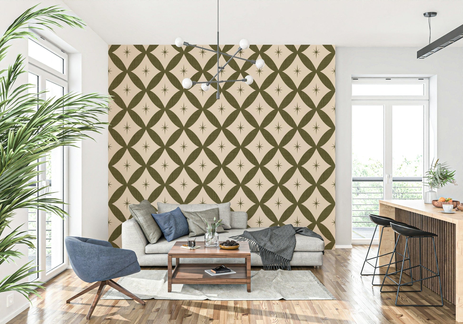 Abstract geometric wallpaper featuring repeating olive diamonds and starburst accents.