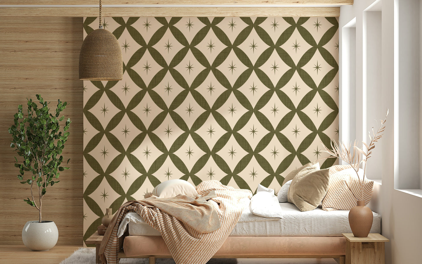 Retro geometric wallpaper showcasing interlocking diamond patterns and minimalist star details.