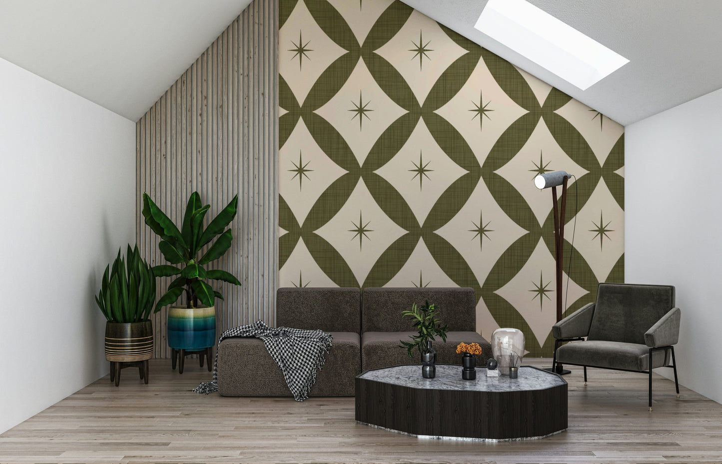 Mid-century inspired wallpaper with repeating diamond lattice and subtle star accents.