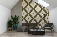 Mid-century inspired wallpaper with repeating diamond lattice and subtle star accents.