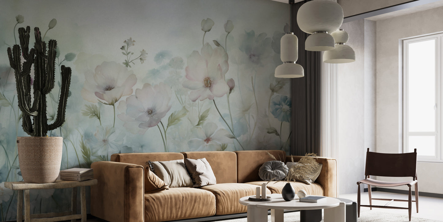 Transform your room with soft spring field vintage green wallpaper.

