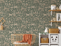 Vintage Green Wildlife wallpaper behind a rattan basket crib with a rust throw and panda basket shelf