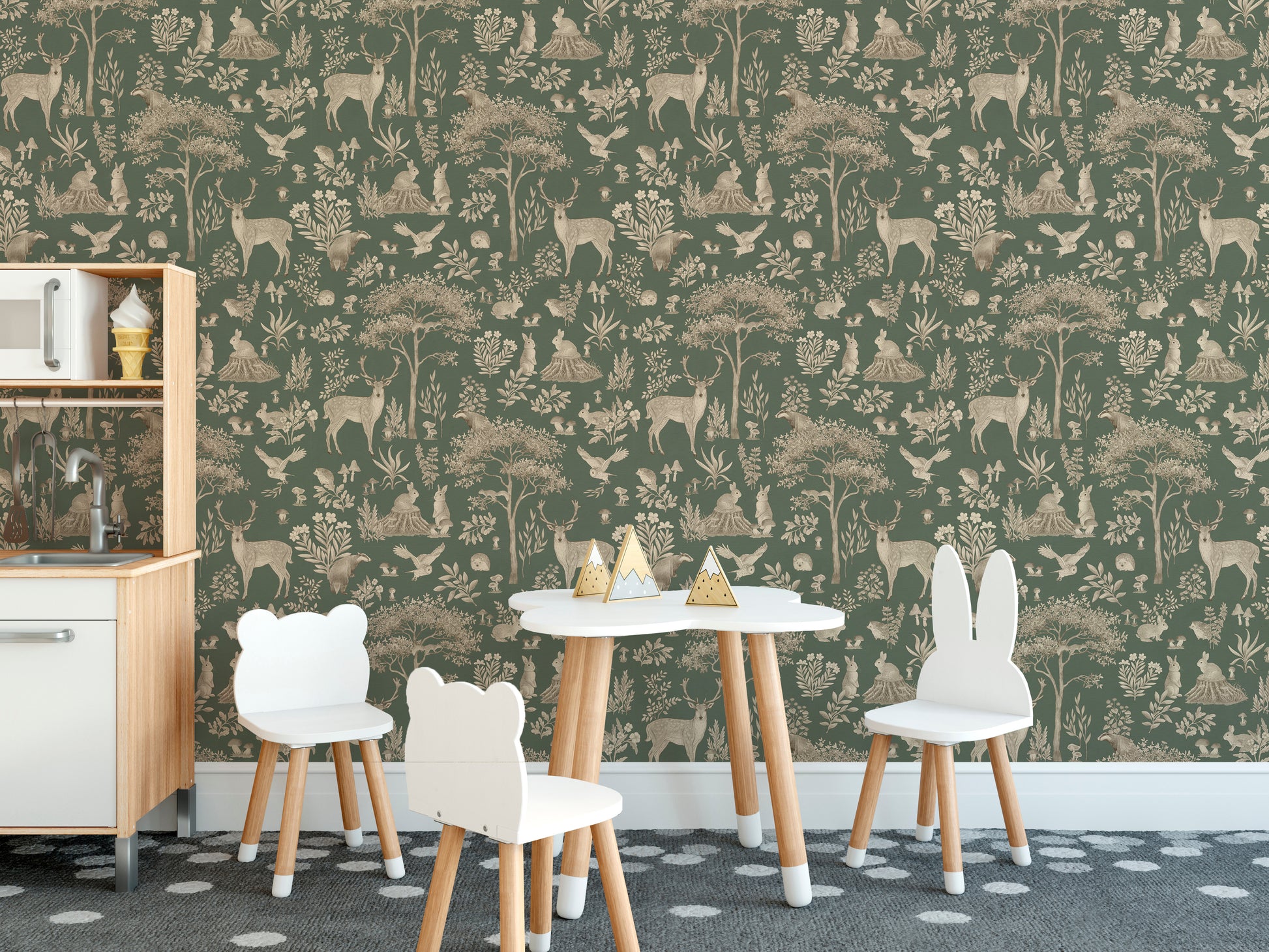 Vintage Green Wildlife wallpaper behind bear and bunny stools and a wood play kitchen on a dotted rug