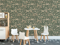 Vintage Green Wildlife wallpaper behind bear and bunny stools and a wood play kitchen on a dotted rug