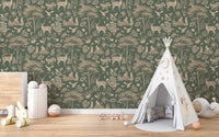 Vintage Green Wildlife wallpaper in a kids room with a white teepee tent, pink bins and a bunny toy