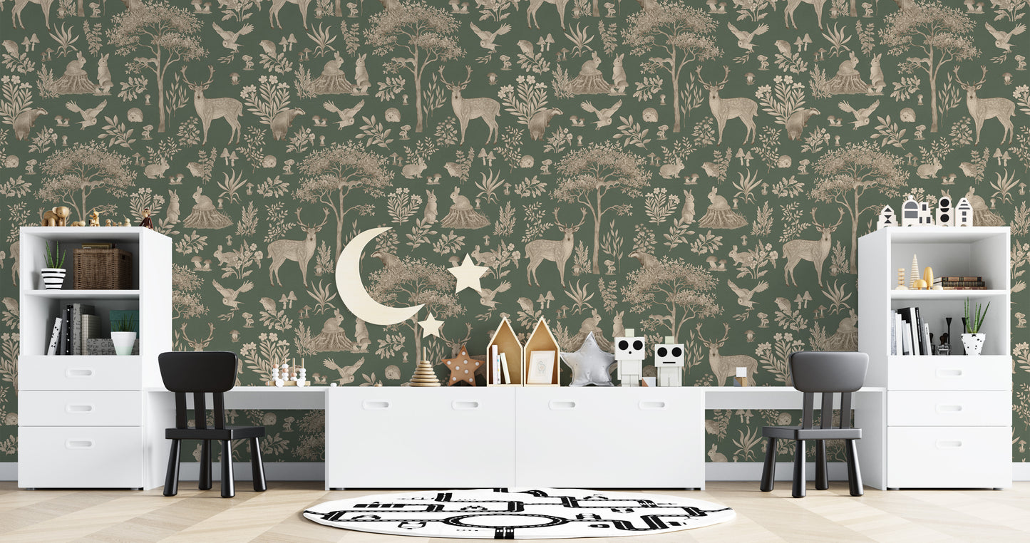 Vintage Green Wildlife wallpaper behind a long study desk with black chairs and wood moon and star decor