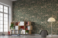 Vintage Green Wildlife wallpaper behind a wooden bookshelf and white mushroom floor lamp in a play corner