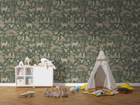 Vintage Green Wildlife wallpaper behind a white dresser, beige teepee and shark toy in a playroom