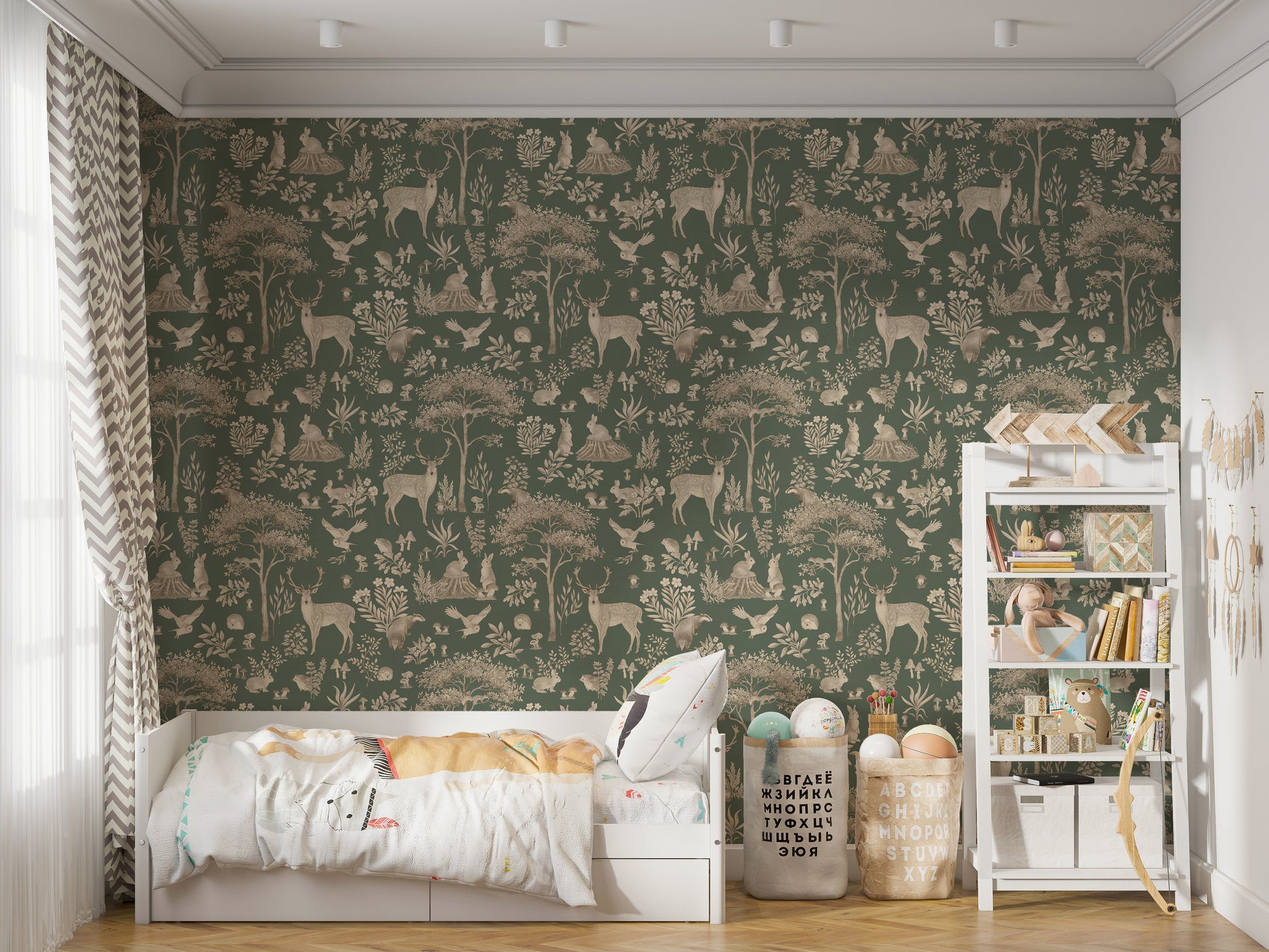 Vintage Green Wildlife wallpaper in a kids bedroom with a white daybed, alphabet baskets and open shelf