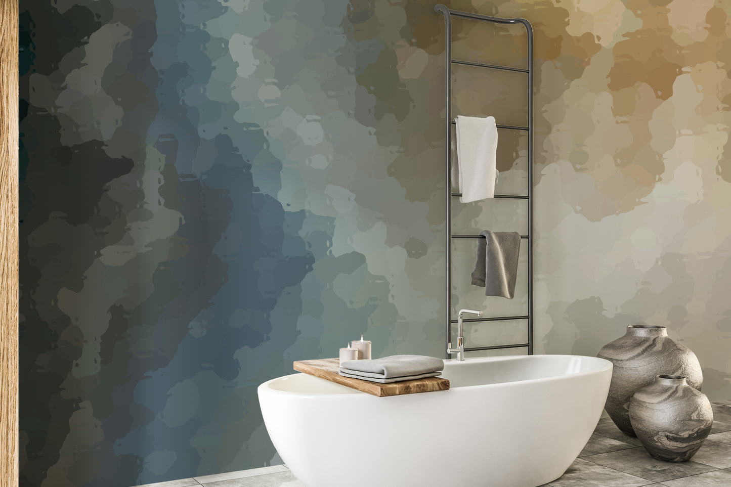 Vintage Grunge Watercolor Paint Stains wallpaper mural in blue and beige in a bathroom with a tub and towel ladder