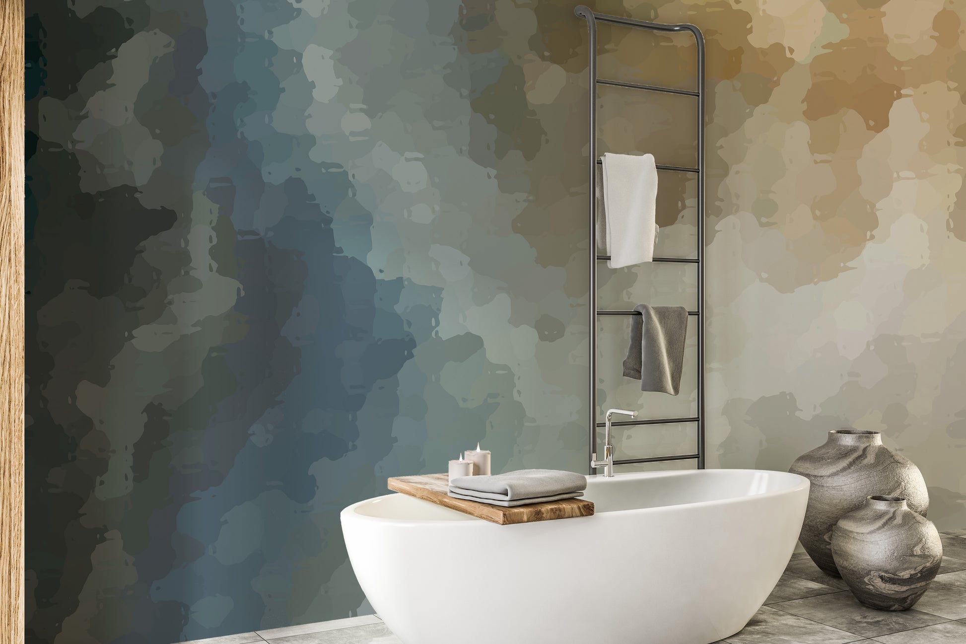 Vintage Grunge Watercolor Paint Stains wallpaper mural in blue and beige in a bathroom with a tub and towel ladder