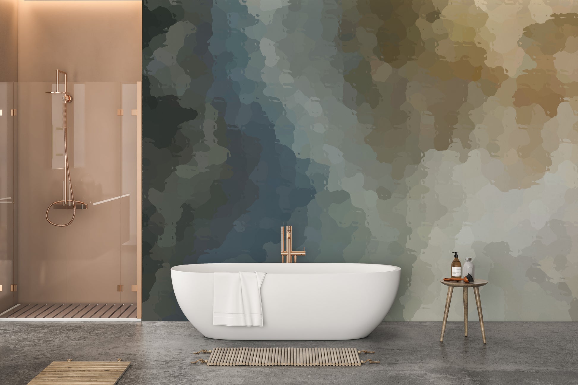 Vintage Grunge Watercolor Paint Stains wallpaper mural in muted blue tones in a bathroom with a white freestanding tub
