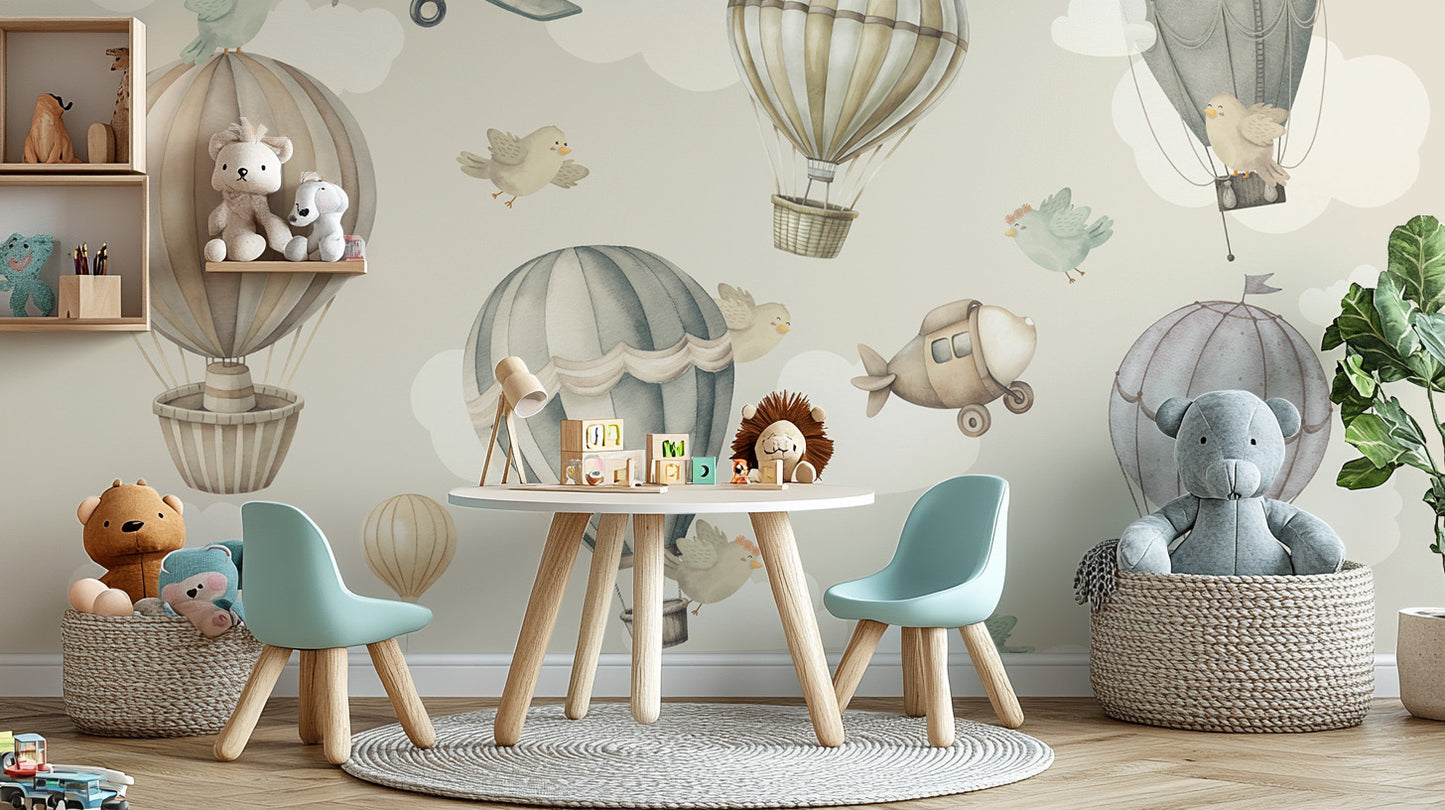 Vintage Hot Air Balloon Nursery wallpaper mural of balloons above a round white table with teal kids chairs