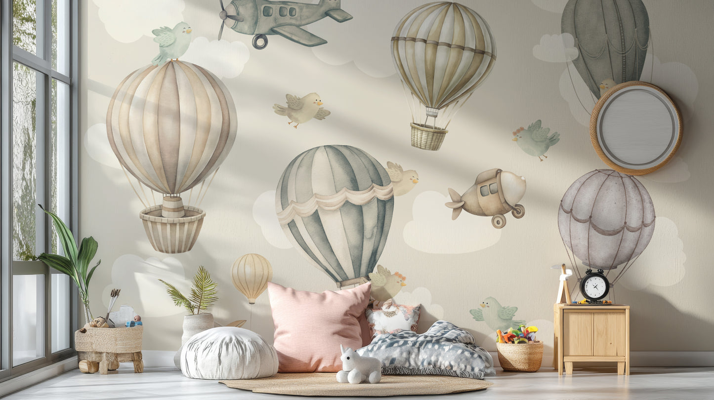 Vintage Hot Air Balloon Nursery wallpaper mural with balloons over pink floor cushions by a sunny window