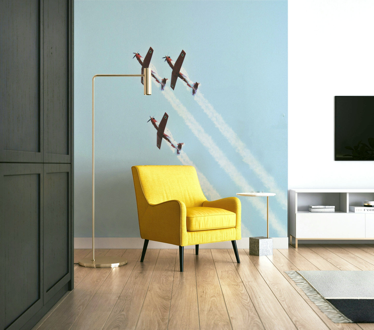 A calming vintage propeller wallpaper mural that defines a space.

