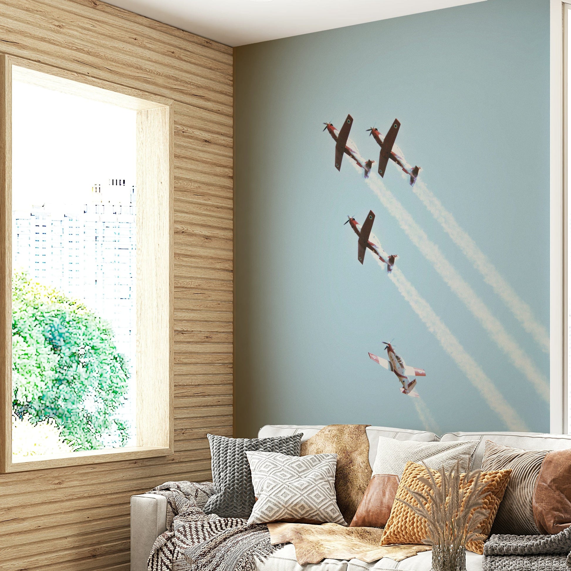 A contemplative vintage bomber wallpaper mural for a feature wall.

