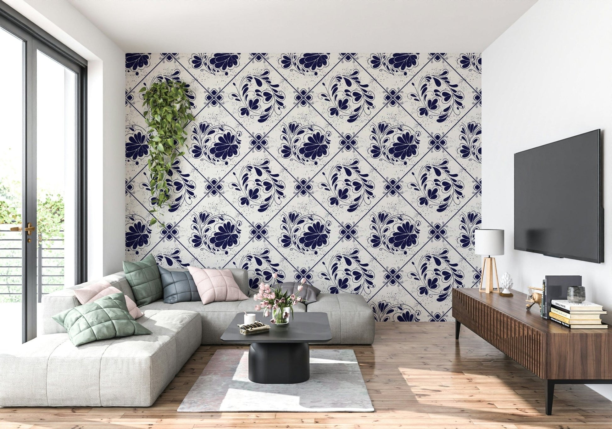 Indigo floral tiles wallpaper in bathroom, tile-inspired print, calm indigo tones