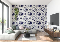 Indigo floral tiles wallpaper in bathroom, tile-inspired print, calm indigo tones
