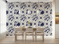 Indigo tile floral wallpaper in nursery, gentle vintage pattern, soft home décor look
