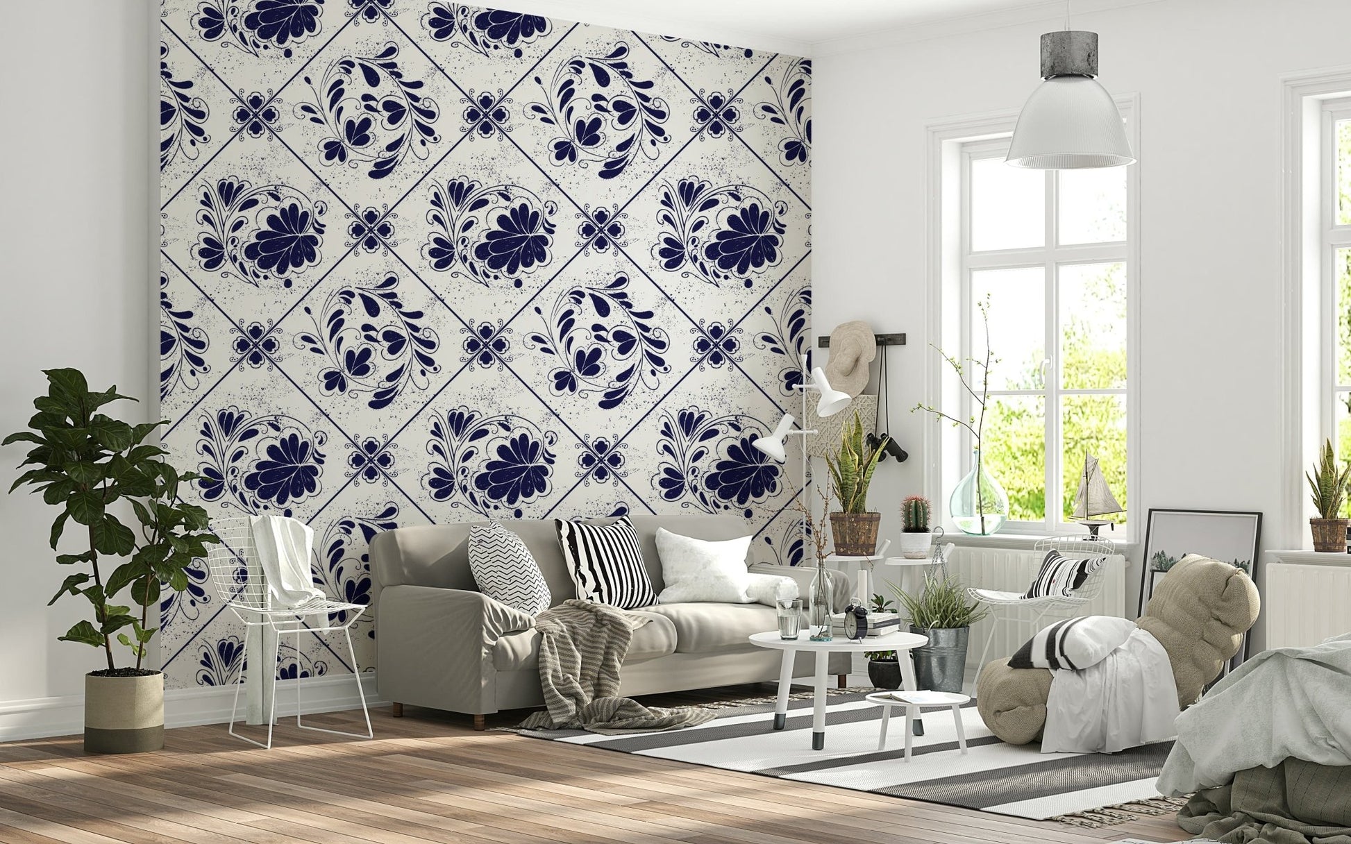 Vintage tile-style floral wallpaper in home office, indigo pattern, clean workspace backdrop