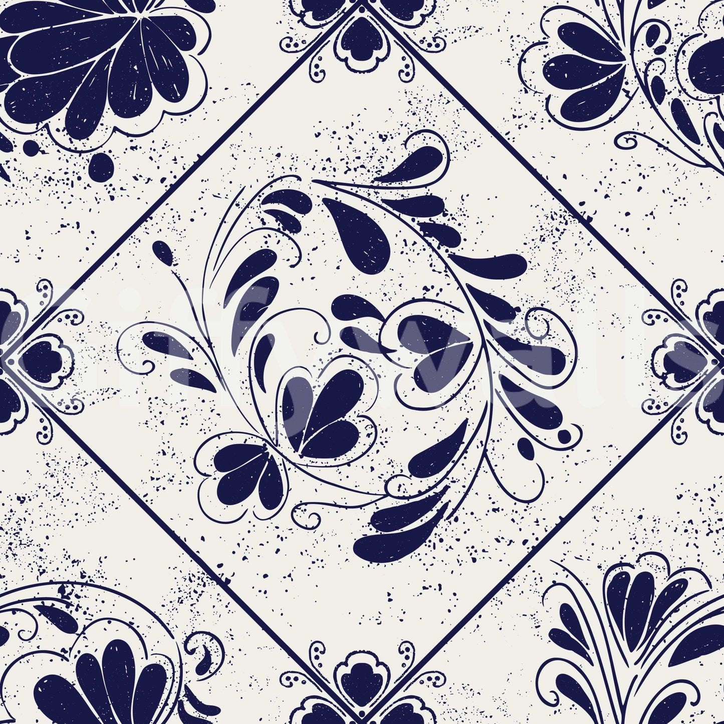 Vintage Indigo Floral Tiles Wallpaper on stair wall, repeating indigo tiles, classic style