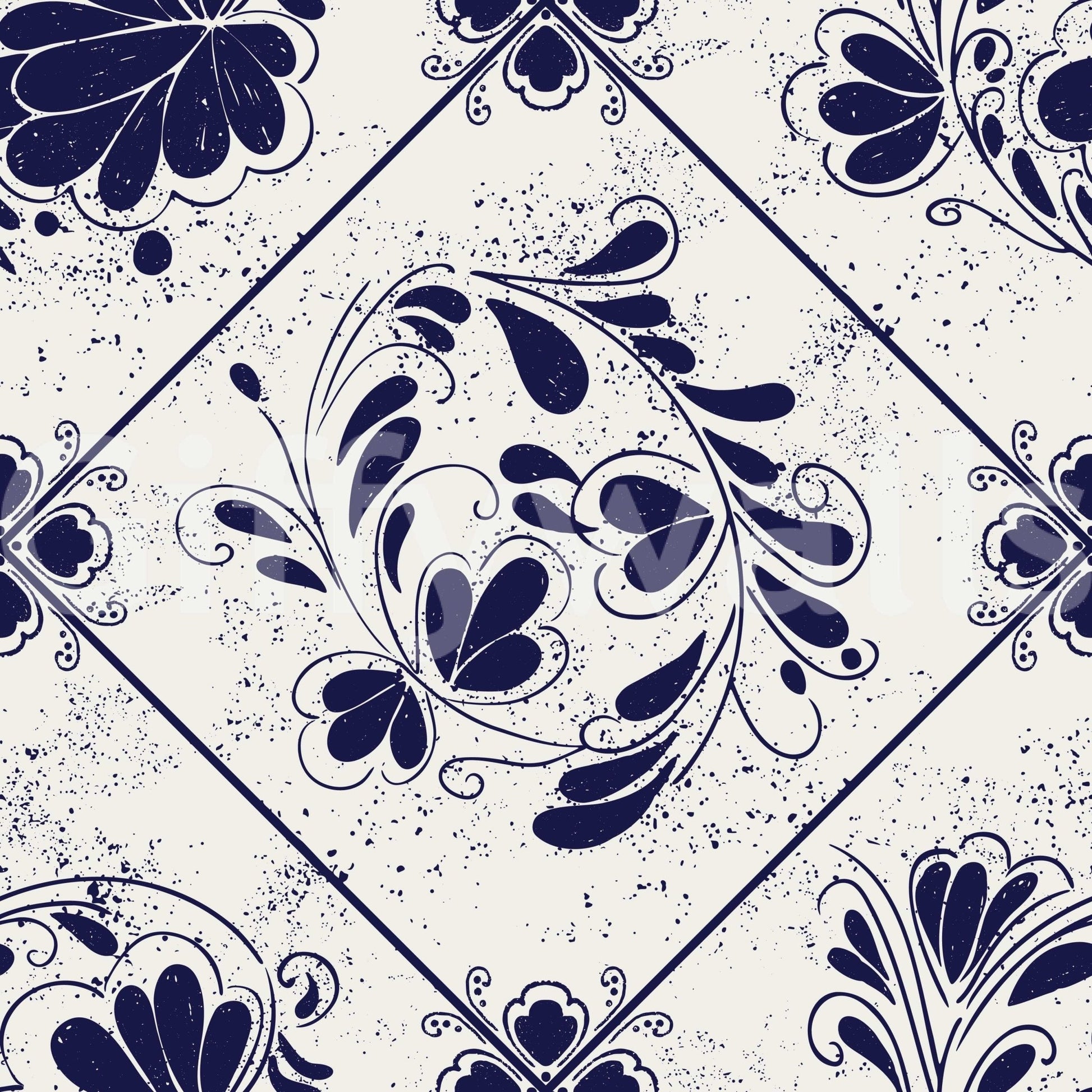 Vintage Indigo Floral Tiles Wallpaper on stair wall, repeating indigo tiles, classic style