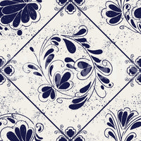 Vintage Indigo Floral Tiles Wallpaper on stair wall, repeating indigo tiles, classic style