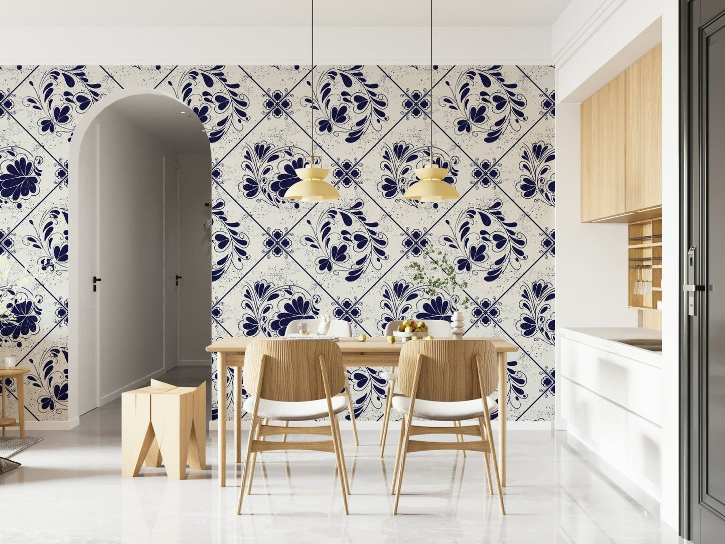Vintage Indigo Floral Tiles Wallpaper in kitchen nook, indigo tile florals, feature wall