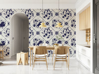 Vintage Indigo Floral Tiles Wallpaper in kitchen nook, indigo tile florals, feature wall