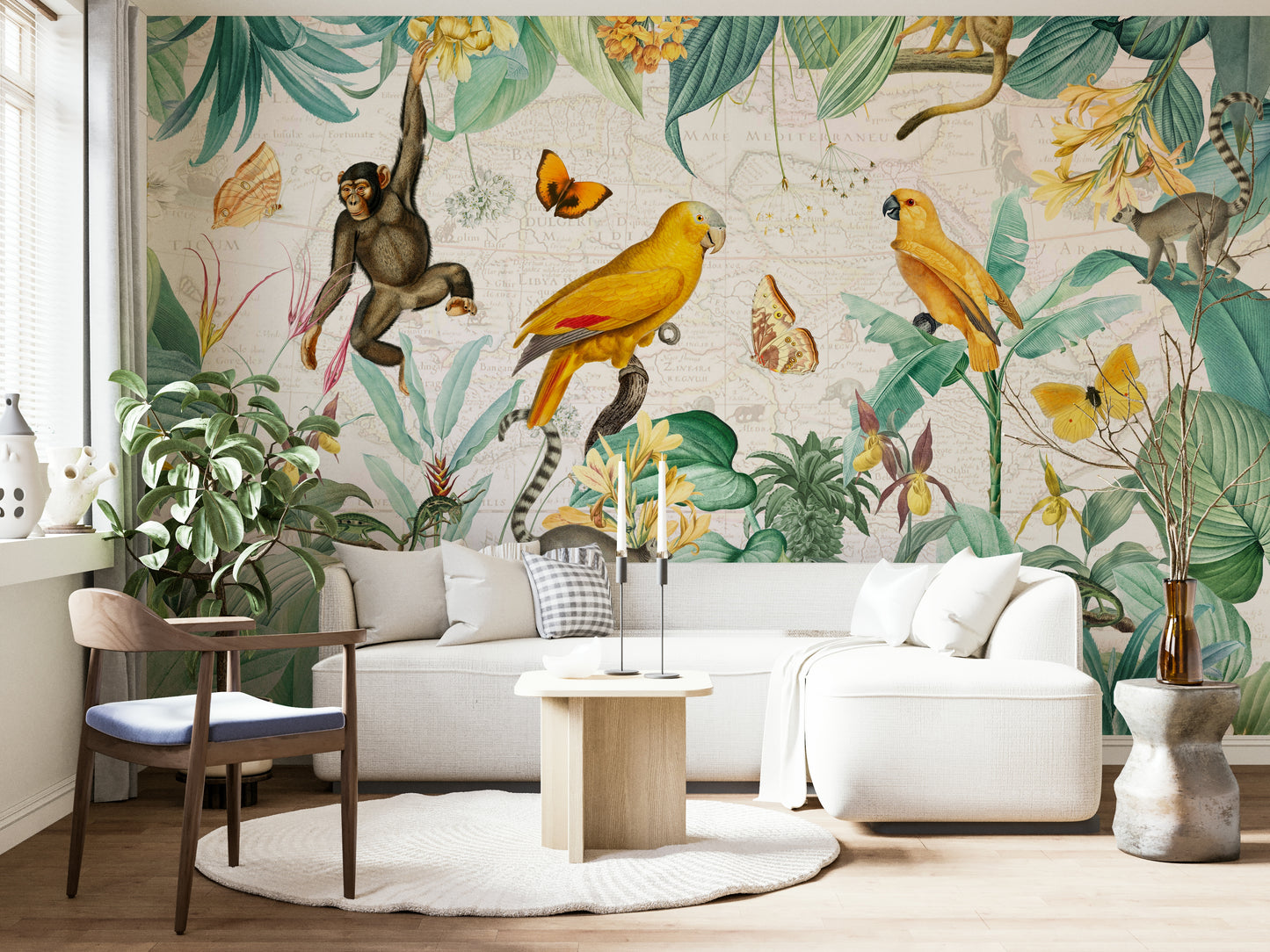 Botanical wallpaper with jungle animals


