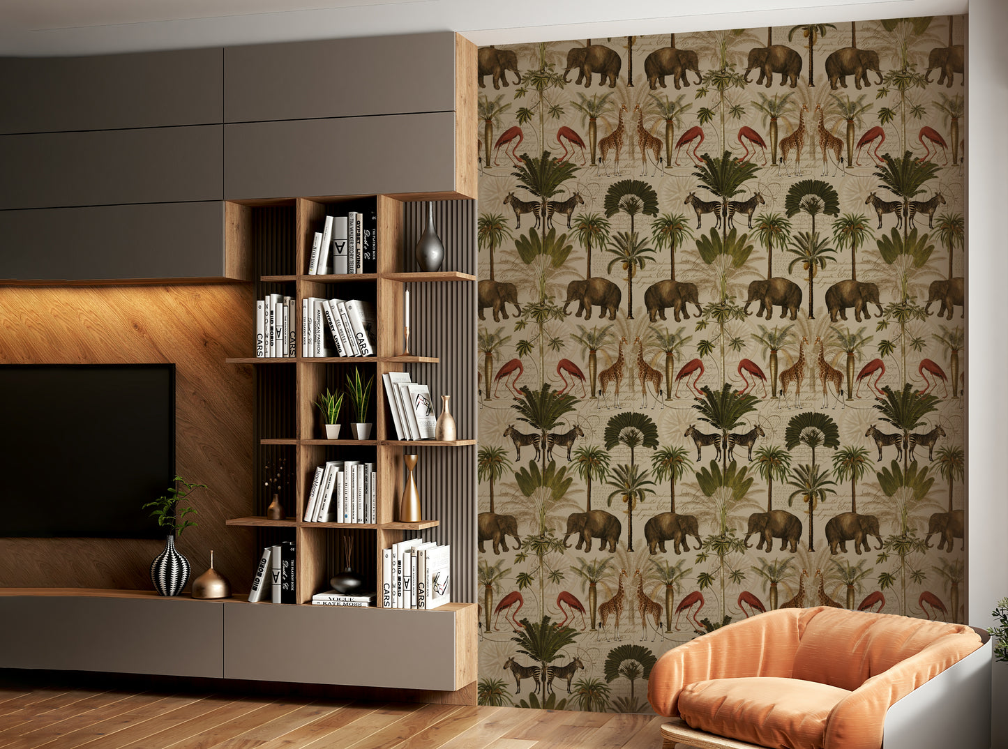 Bold wallpaper with wildlife and tropical foliage for dramatic rooms

