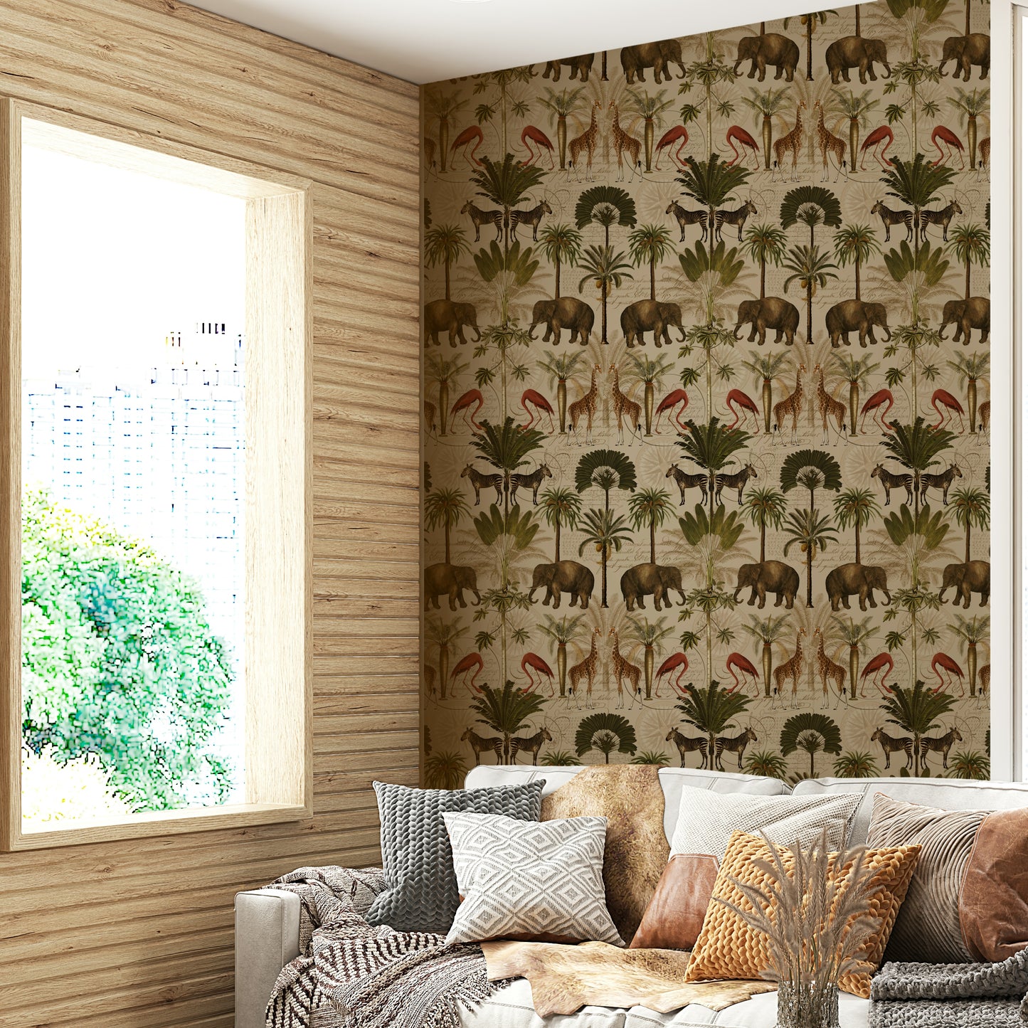 Jungle-inspired wallpaper with lush greenery and vibrant flowers

