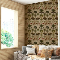 Jungle-inspired wallpaper with lush greenery and vibrant flowers

