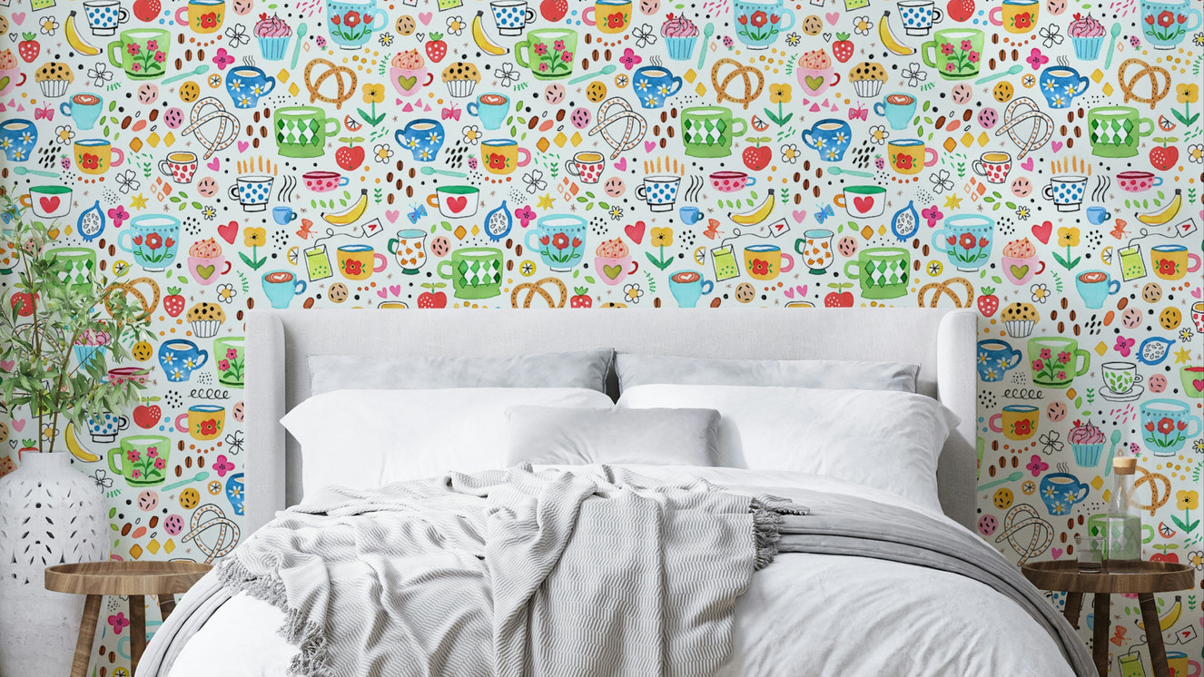 Vintage Kitchen Food Restaurant Wallpaper with retro food illustrations.

