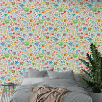 Wallpaper featuring kitchen items like utensils, cups, and herbs.

