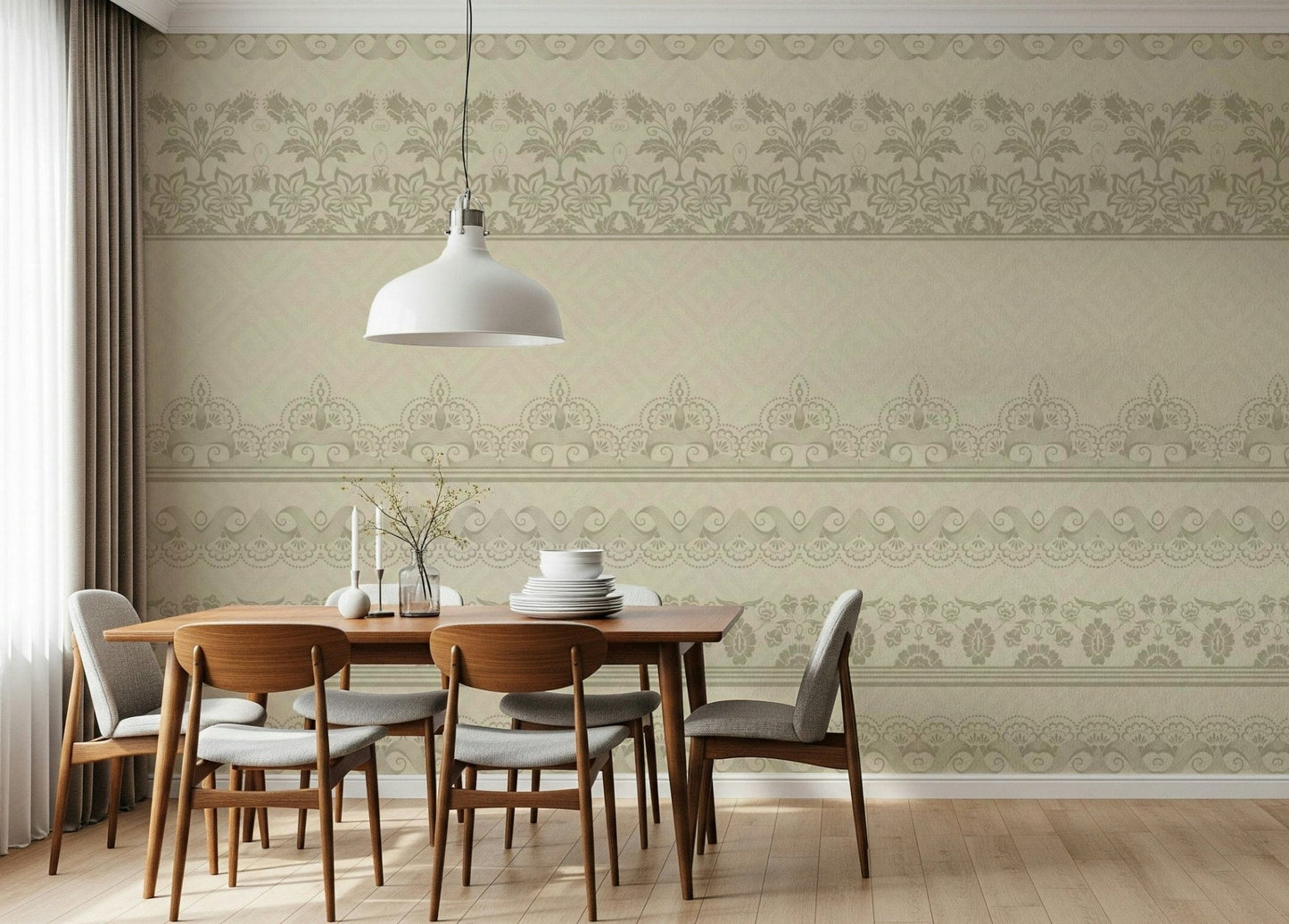 Vintage Lace Bands Wall Mural featuring ivory crochet patterns in a nursery.
