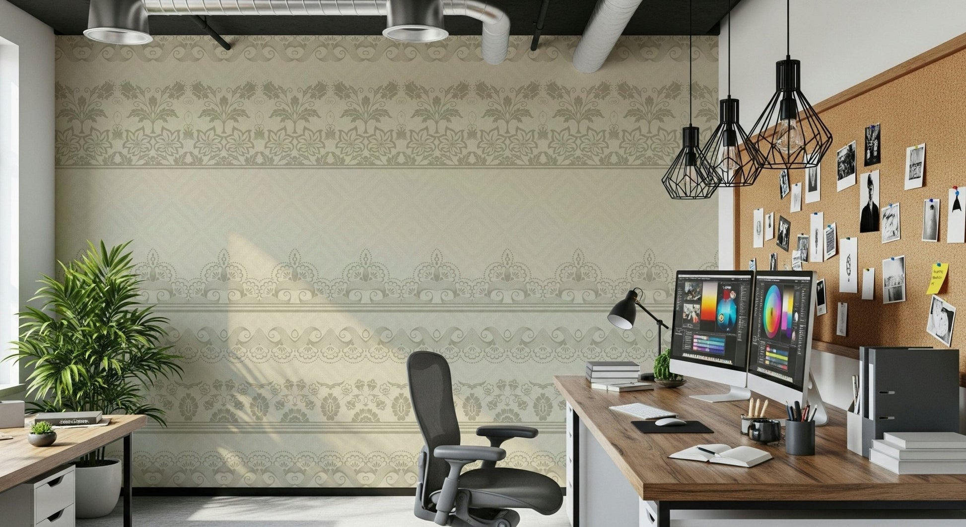 Textural lace pattern wallpaper for a feminine apartment feature wall.