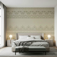 Vintage Lace Bands Wall Mural in a farmhouse style apartment living room.
