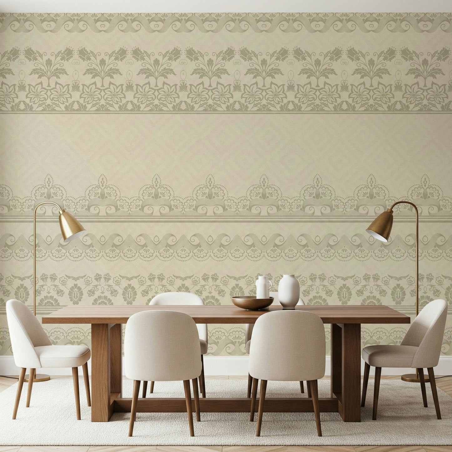Romantic Victorian lace wall mural in a minimalist guest suite.