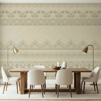 Romantic Victorian lace wall mural in a minimalist guest suite.