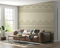 Vertical lace trim wall mural used as a backdrop for a modern vanity.