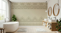 Shabby chic lace wallpaper for a neutral master bedroom accent wall.